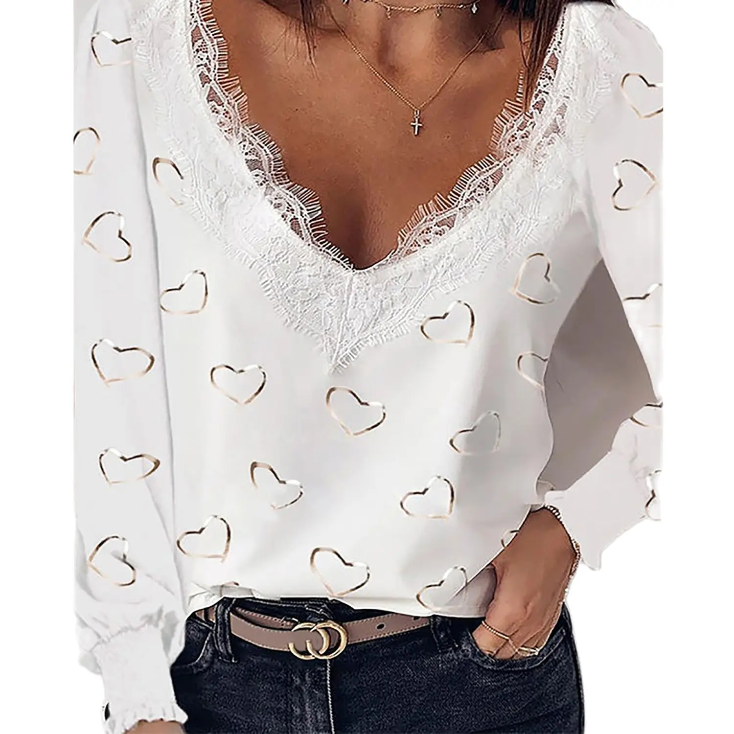

2021 New Women's Summer Hot Sale Quality Factory Price Fashion Lace V-Neck Bronzing Love Printing Long-Sleeved T-Shirt