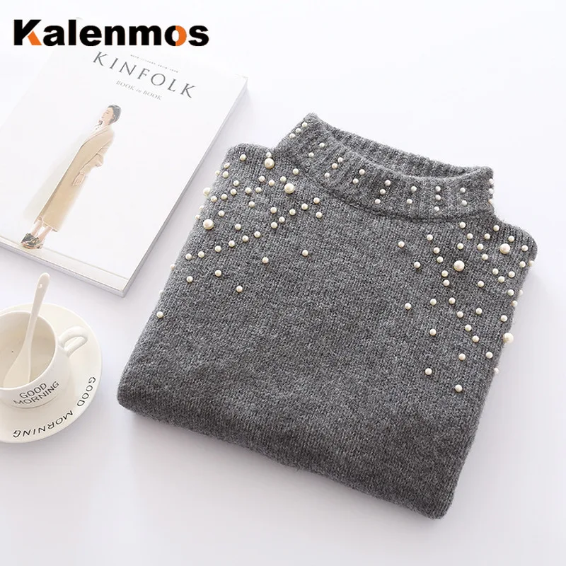 Thicker Autumn Winter Clothes Women Sweater O Neck Beading Lantern Sleeve Knitted Pullover Sweaters Ladies Casual Bottom Tops | Женская