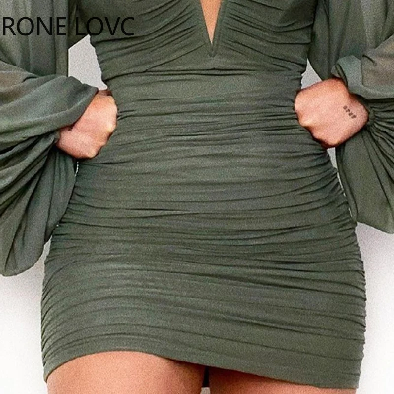 

Women V-Cut Lantern Sleeve Ruched Bodycon Dress Casual Dress Summer Mini Dress