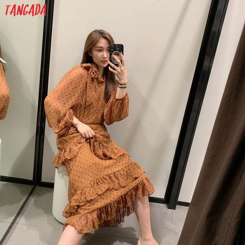 Tangada женское элегантное платье в горошек с длинным рукавом корейская мода с рюшами офисные женские платья средней длины 3H56
