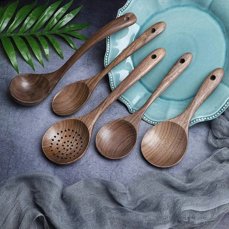 

7 Pcs Wooden Kitchen Cooking Utensil Set Wooden Soup Ladle Black Walnut Wooden Spoons Spatula for Cooking Mixing Spoon