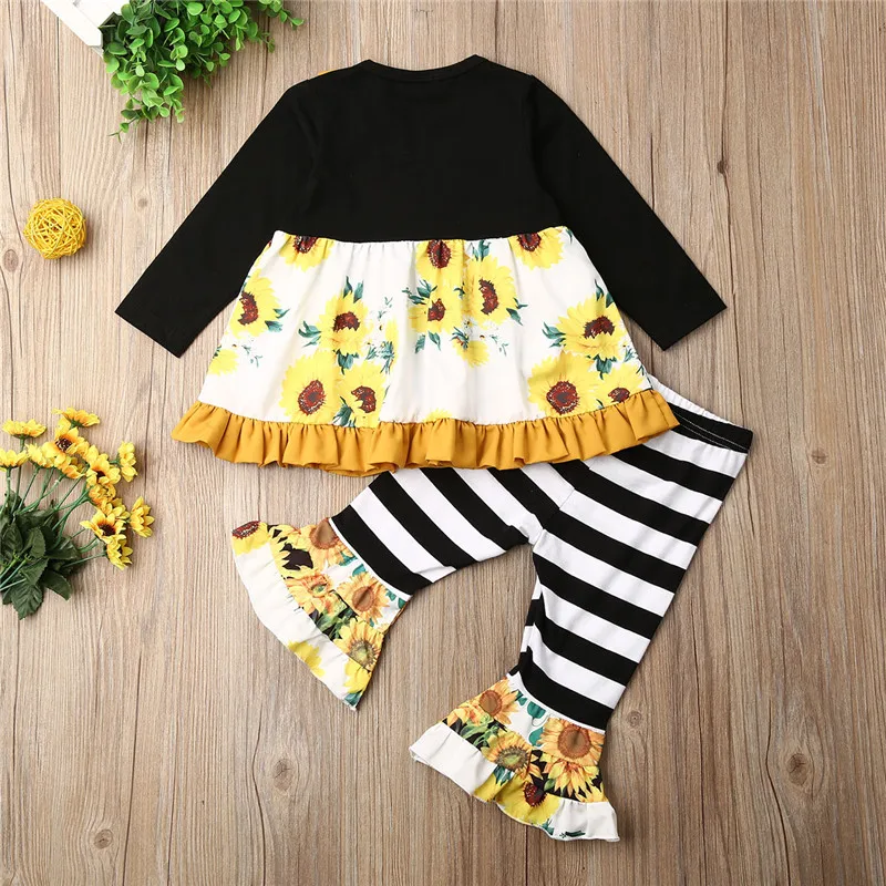 Зимнее платье-топ с рисунком подсолнуха для маленьких девочек штаны в полоску