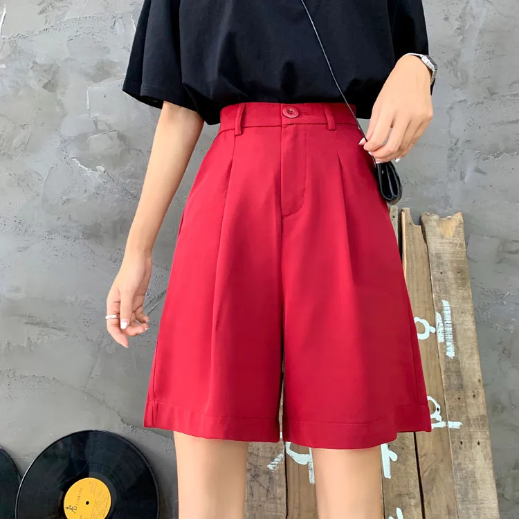 

2021 New Korean Style Casual Suit Pants Women's Straight Student Loose Hong Kong Style Slimming High Waist Shorts Summer