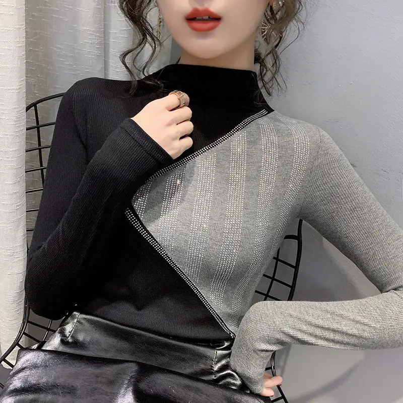 

Women's Turtleneck Long Sleeve T-shirt Spring and Autumn Patchwork Casual Top