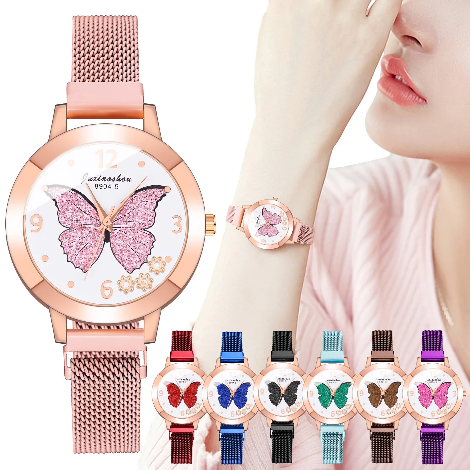 

Butterfly Print Watch Women's Quartz Wristwatches Stainless Steel Band Strap Spin Watches Relojes De Cuarzo Para Mujer Montre