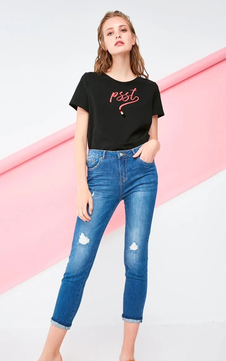 Vero Moda Новое поступление женские потертые манжеты закатывающиеся облегающие 96% хлопковые укороченные джинсы | 318349537