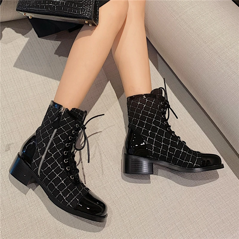 

VERCONAS Women Cross-Tied Ankle Boots Autumn Winter Thick Heels Shoes Woman Fashion Zipper Gingham Office Casual Basic Boots