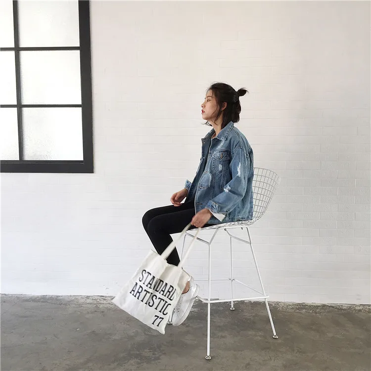 

Frayed Single Breasted Wide Waist Long Sleeve Denim Female Coat Spring Autumn Solid Woman Denim Coats