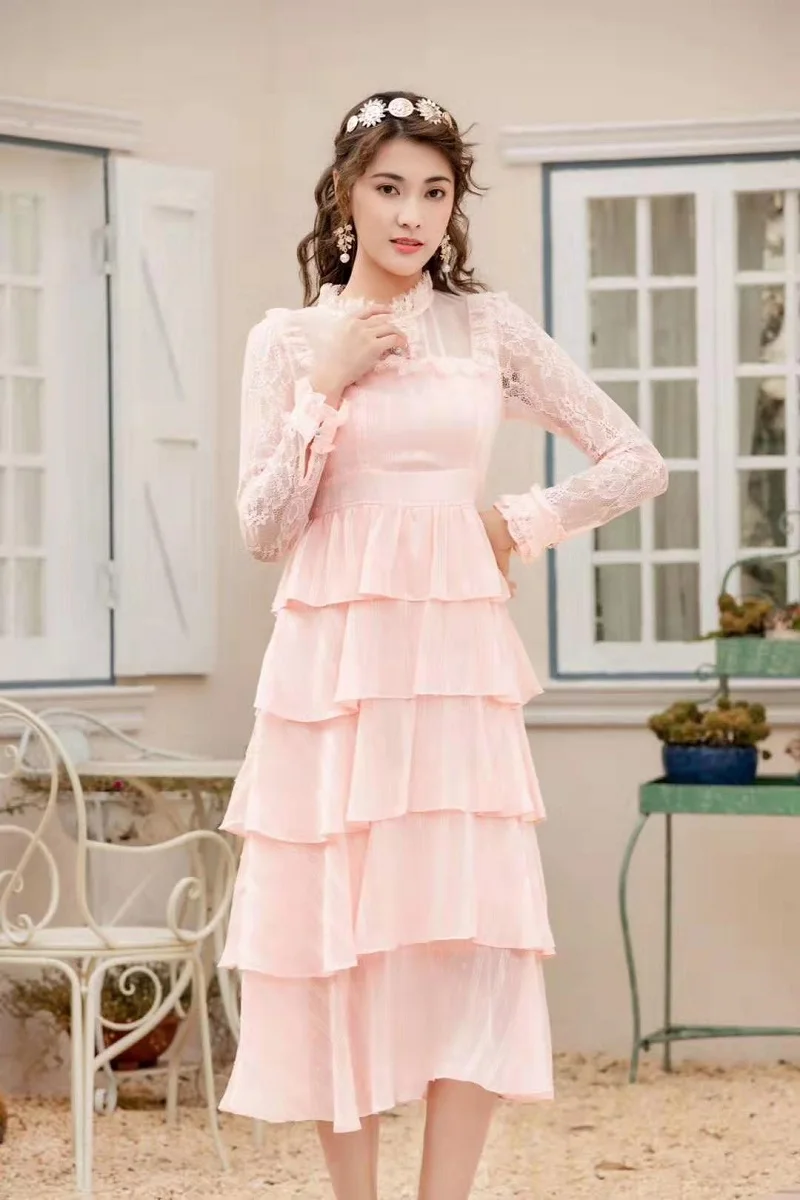 

New Top Quality 2021 Spring Summer Party Wedding Women Sexy Tulle Lace Patchwork Long Sleeve Mid-Calf Pink Blue Dress Sweet