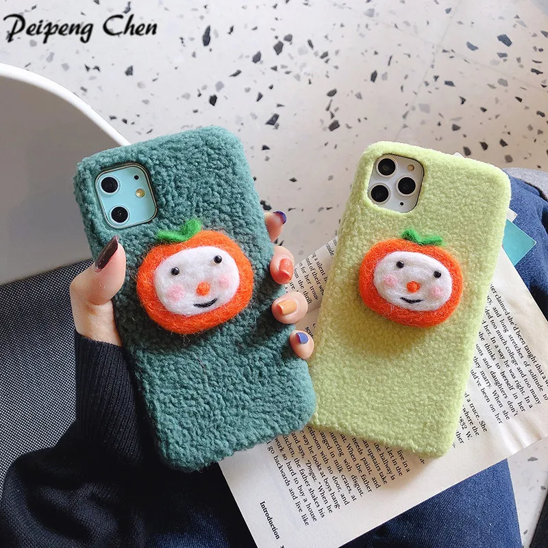 Cartoon phone case For iphone 11 Pro Max XS XR 7 8 plus Plush Warm Cases Cute Fruit Oranges Silicone Cover Christmas Coqu | Мобильные