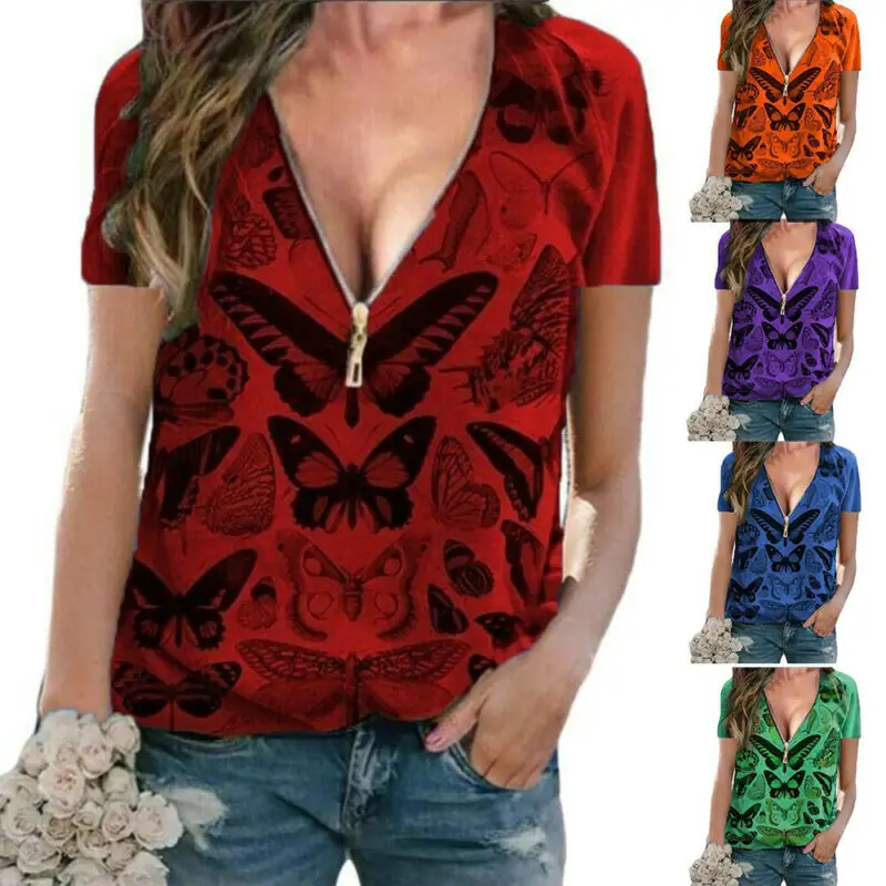 

Womens Zipper V-Neck Short Sleeve Animal Print Casual T-Shirt Summer Tops Tee UK
