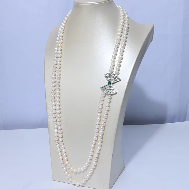 Женское длинное ожерелье с натуральным жемчугом колье 2 нитями Соединитель