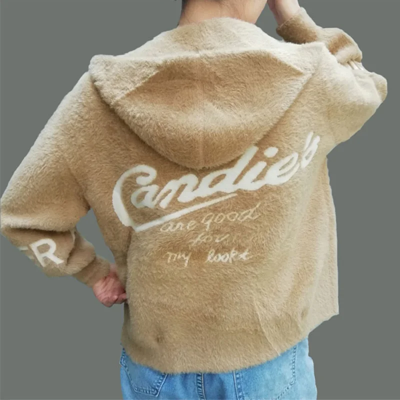 Camel Color Женский кардиган с капюшоном, буквенный узор, искусственный мех, норковая шуба, длинный рукав, однобортный женский короткий жакет, Повседневная Женская толстовка - Цвет: Camel Color