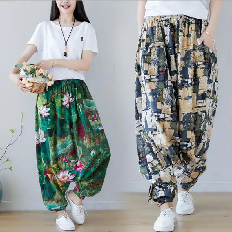 Женские свободные брюки-багги в стиле бохо эластичные брюки-шаровары из хлопка и