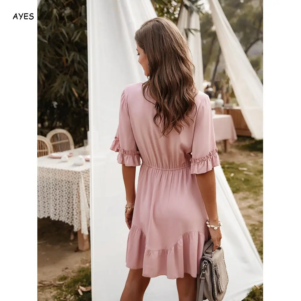 Yellow Sexy Mini Dress Women 2020 Button Drawstring Casual V Neck Ruffles Holiday Party Beach Sundress Retro Vestidos | Женская одежда