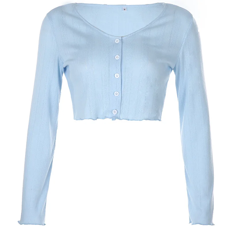 

Women Korean New Loose All-match Blouse Female Solid Long Sleeve Women Fall Summer Sweet Blue V-neck Knitted Top Cardigan