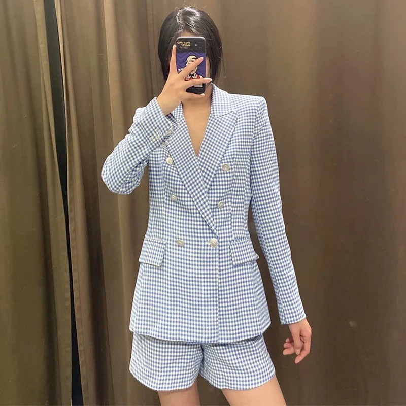Klacwaya 2021 mujeres americana nueva de la tela escocesa de la impresión doble-Breasted abrigo de manga larga Blazers de oficina para mujer traje Casual chaqueta de las mujeres