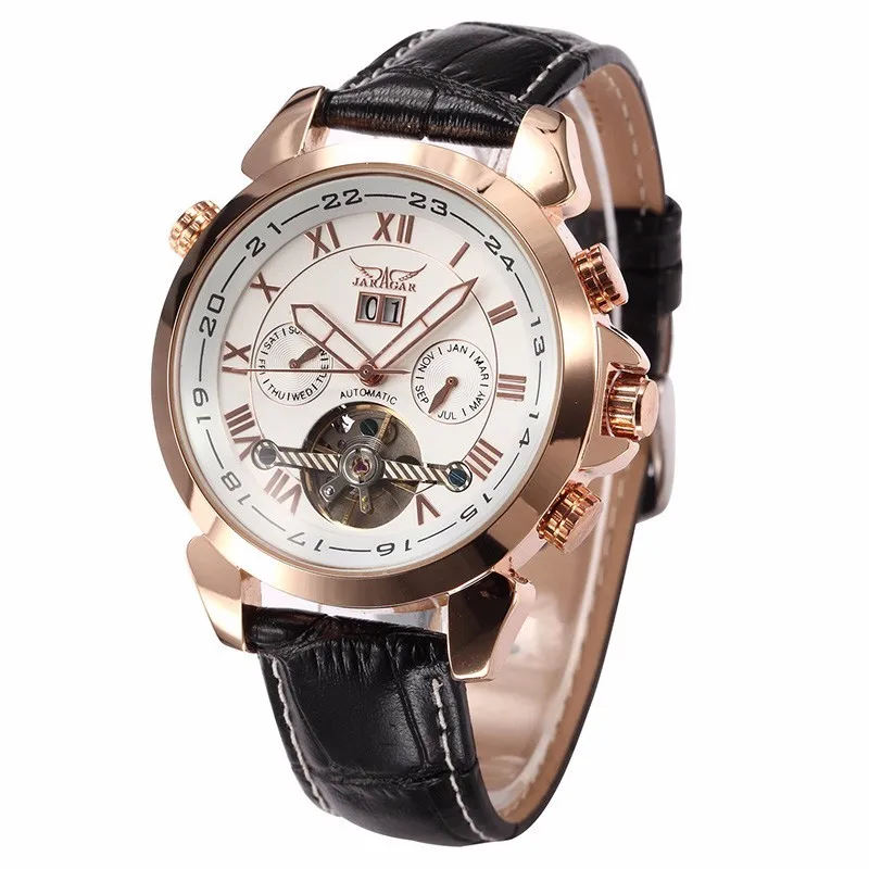 Rose Gold Case White Модные JARAGAR, мужские Брендовые Часы, дата, кожа, Tourbillon, маховик, авто механические мужские часы, наручные часы, подарочная коробка - Цвет: Rose Gold Case White