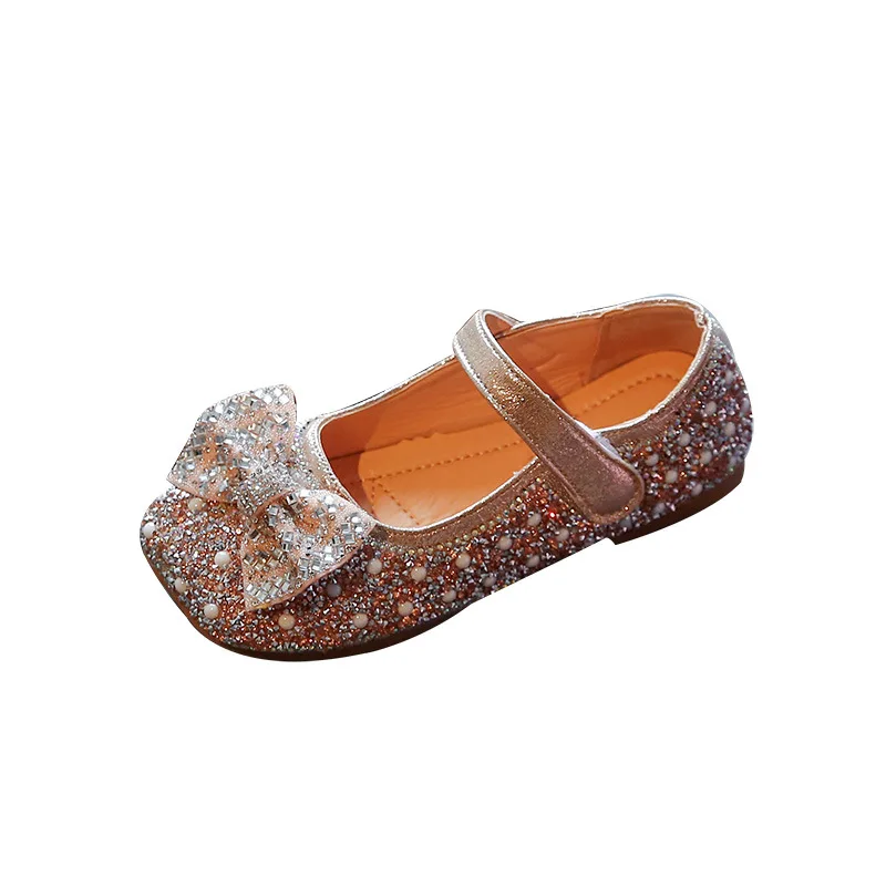 

Girls Princess Shoes Autumn 2021 New Soft-soled Rhinestone Children Bow-knot Girl Non-slip Leather Shoes Casual Flat for Party