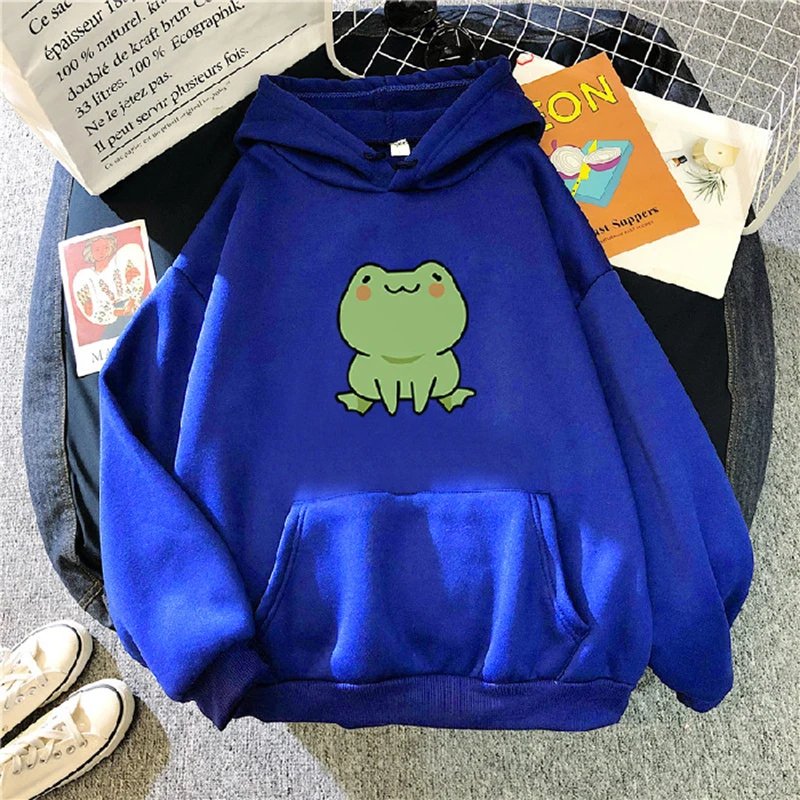 

Frog Print Women Hoodies O-Neck Drawstring Winter Hooded Sweatshirts High Street Warm Fleece Hoody for Women Oversized Coat