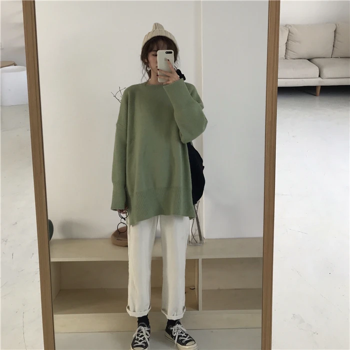 green solid sweater Женский теплый зимний свитер корейский Свободный вязаный пуловер свитер милый Повседневный вязаный свитер с v-образным вырезом вязаные топы с длинными рукавами - Цвет: green solid sweater