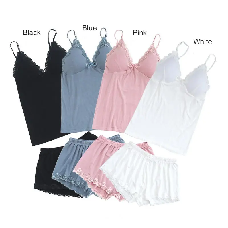 

Free Size Elastic Cotton Pajama Set Sexy Lace Top Soft Two Piece Shorts Pyjamas Spaghetti Strap 1Set Comfortable