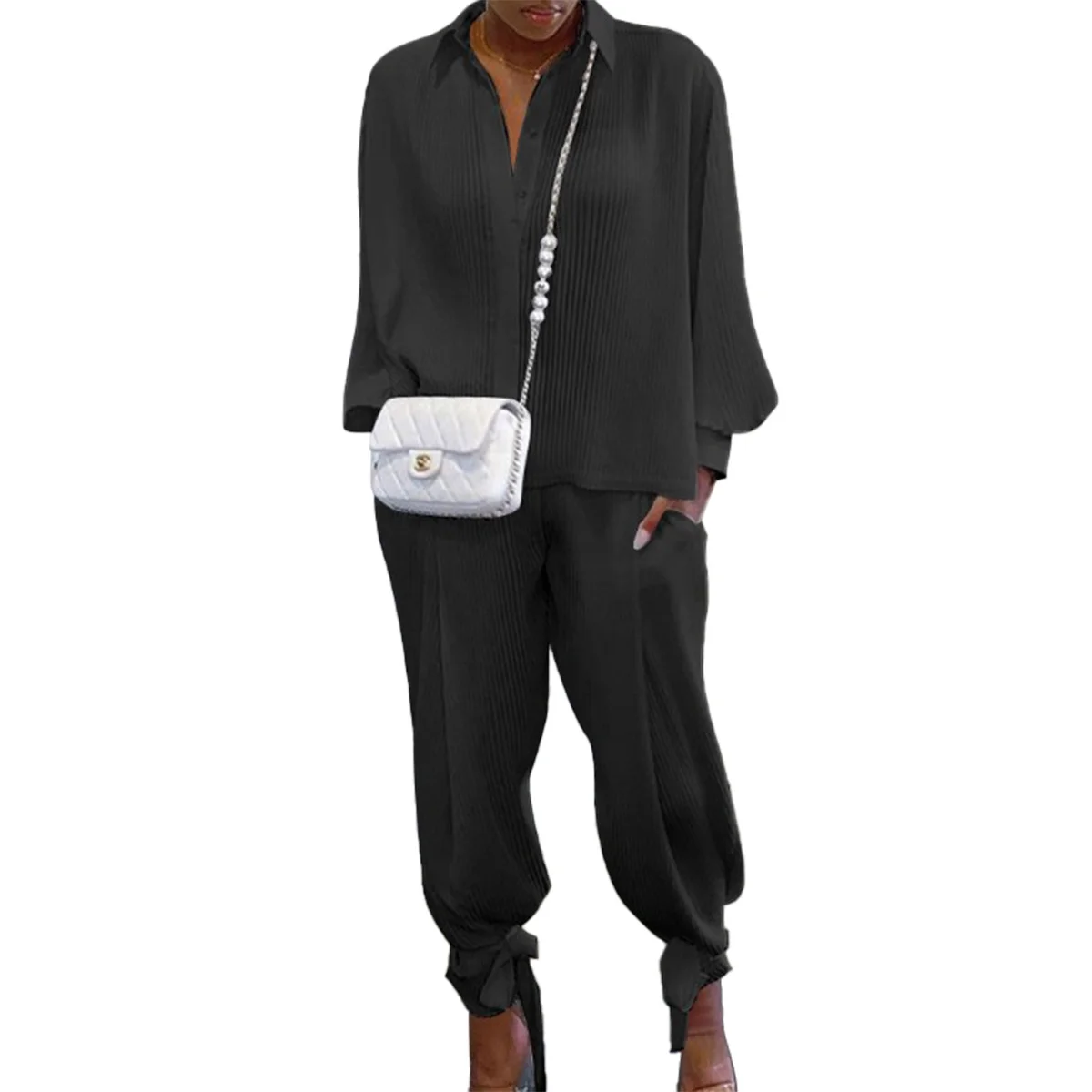 

Hirigin 2020 Fashion Women's Suit Screw Loose Top Stand Collar Long Sleeve Shirt Pocket Pants with Lace Up Hem