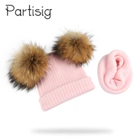 winter kids natural raccoon fur double pompon hat and scarf for girls baby cap with genuine pompom childrens accessories bonnet