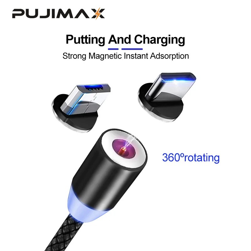 PUJIMAX 1 м 3 в Магнитный кабель usb type C и Micro USB нейлоновый Плетеный светодиодный