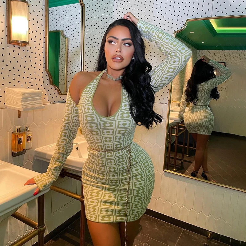 

Hirigin Сексуальное вечернее мини-платье с длинным рукавом с принтом 2021 лето осень облегающее вечернее Клубное элегантное уличное платье Y2K