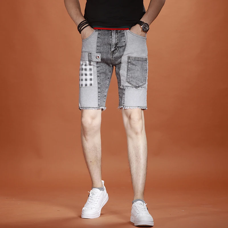Summer Men Gray Denim Shorts Fashion Printed Patchwork Short Jeans