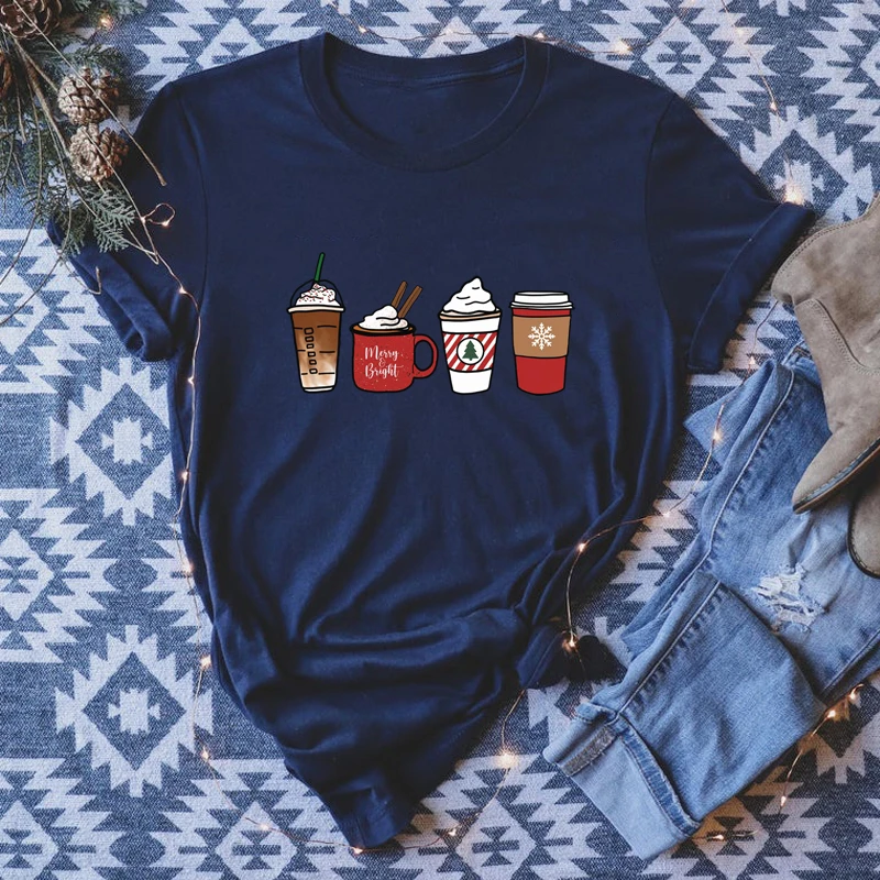 Цветная Рождественская кофейная футболка Милая зимняя Подарочная забавная