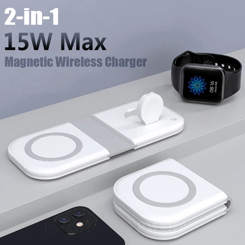 

Foldable Magnetic Duo Charger Mag For Safe iPhone 12 Pro 2in1 Wireless Dual-Charger For Apple iPhone 13 Mini iWatch Airpods Fast