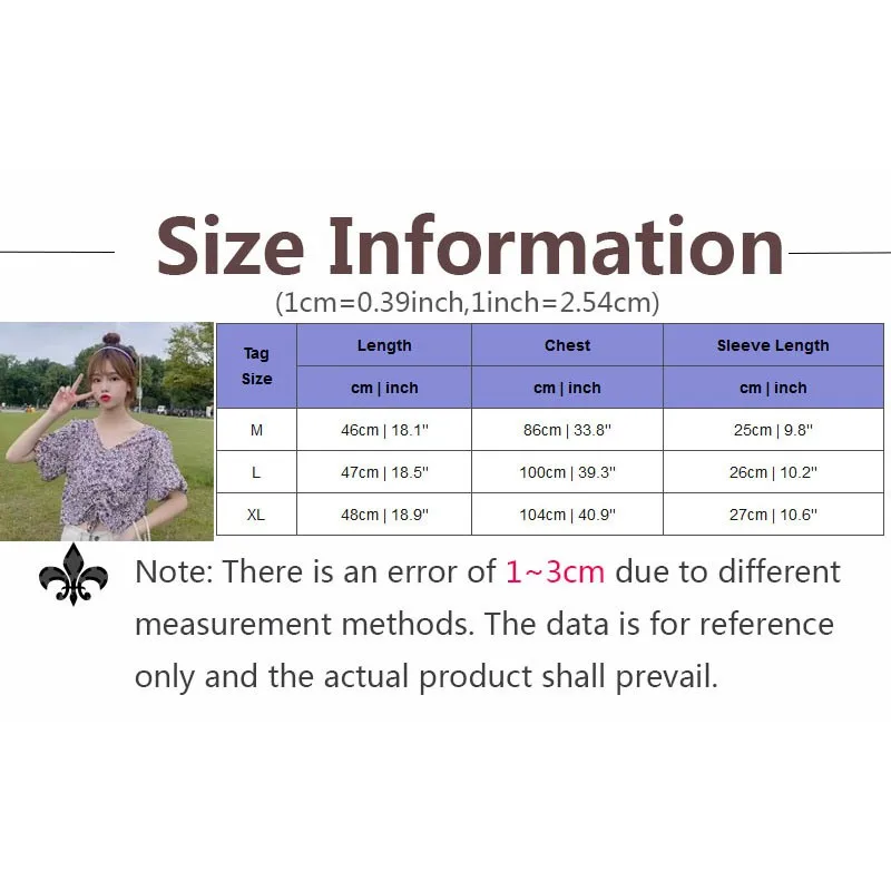 

Sweet Floral Printed Blusas Women Puff Short Sleeve Cute Blouses French V Neck Female Drawstring Chiffon Shirts Femme Ropa Mujer