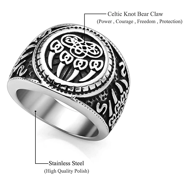 

Retro Nordic Viking Ring Men Women Stainless Steel Bear Claw Celtic Knot Ring Norse Scandinavian Vikings Amulet Jewelry