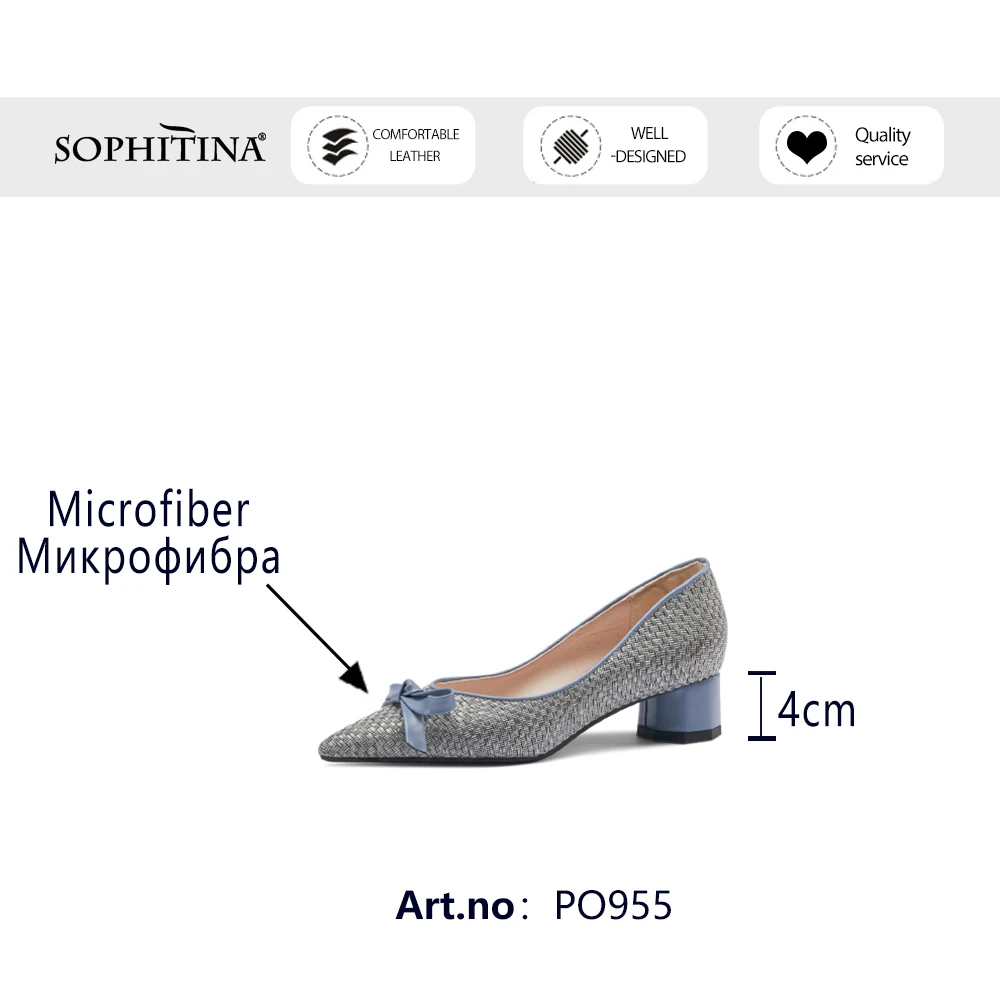 

SOPHITINA Spring Autumn Shallow Pumps Woman Butterfly-knot Pointed Toe Med Square Chunky Heel Lady Dress Shoe PO955