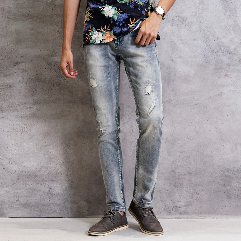 Italian Style Fashion Men Jeans Retro Light Gray Blue Elastic Slim Ripped Jeans Men Patch Vintage Designer Casual Denim Pants