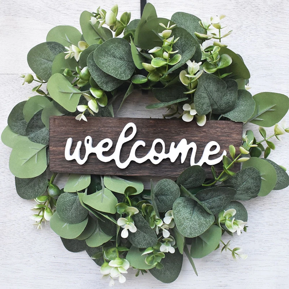 

Artificial Wreath Welcome Sign Front Door Decor Round Wooden Hanging Sign Farmhouse Porch For Home Outdoor Decorations