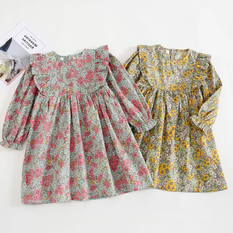 

Girls Dress 2021 Autumn New Ruffles Sweet Long-Sleeved Dress Children Baby Kids Spring Princess Flower Dress Children Clothing