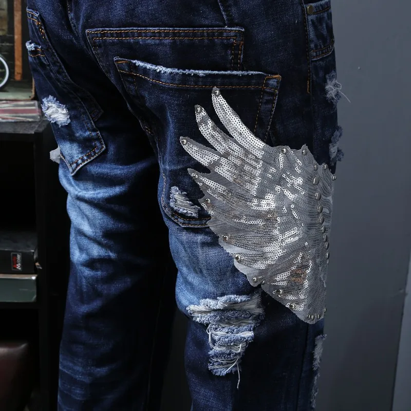 

Embroidery Jeans Men Korean Slim Moto Biker Hole Denim Pants Vintage Sequins Stage Male Trousers Middle Skinny Jeans Man Pants