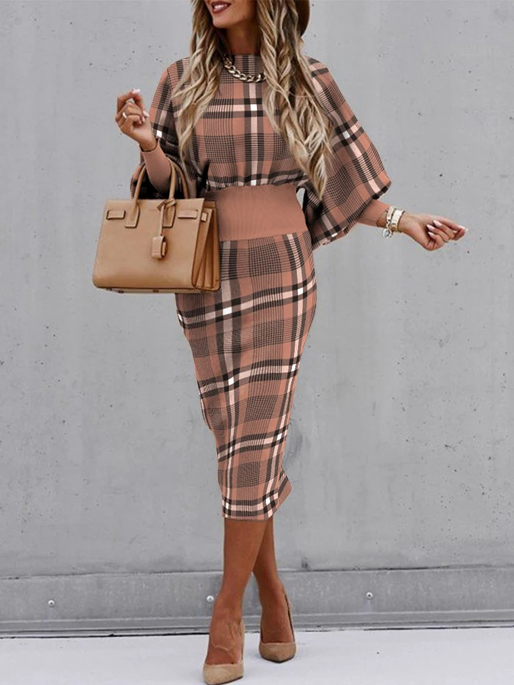 Женское платье с принтом гусиная лапка и рукавами-фонариками | Женская одежда