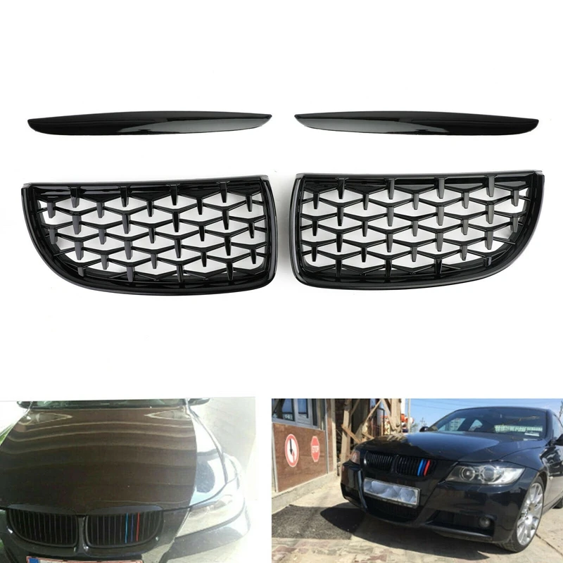 

Car Front Kidney Grill, Front Hood Diamond Grille Meteor Grill for -BMW 3 Series Sedan E90 E91 2005 2006 2007 2008