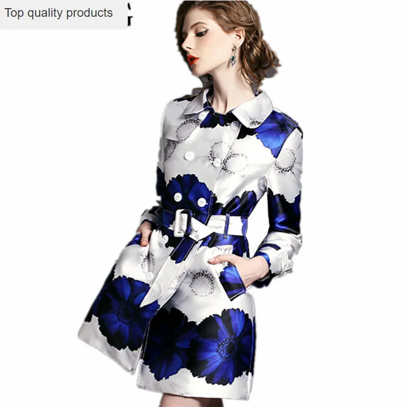 Новинка 2020 весна осень Длинная тонкая женская ветровка с поясом Тренч цветочным