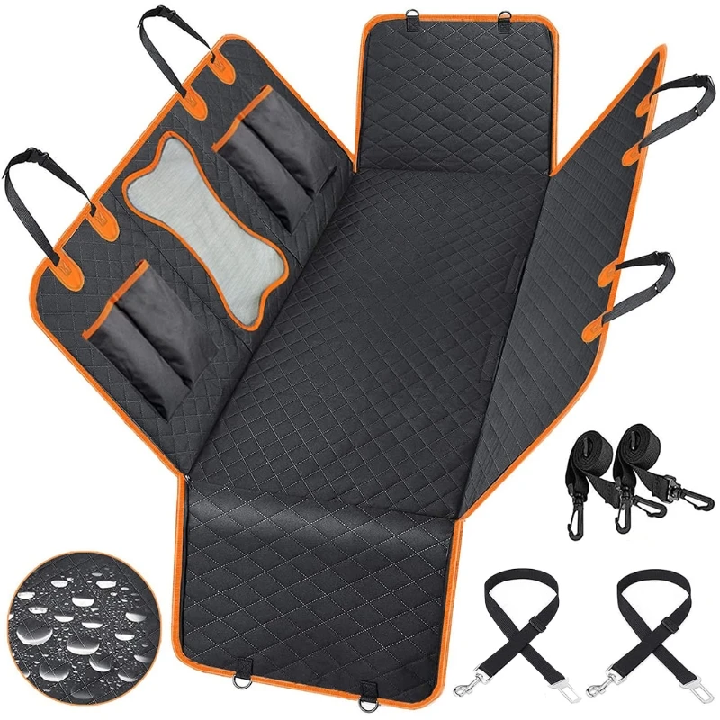 

Dog Car Seat Cover Waterproof Scratch Proof Back Seat Cover with Big Mesh Window 2 Safety Belts Lanyards for SUV