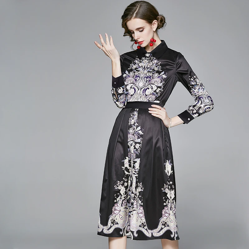 

Qiqi&queen New Women 2021 Spring Printing OL Work Wear 2 Pieces Set Long Sleeve Blouses & High Waist Pleated Skirt Women's Sets