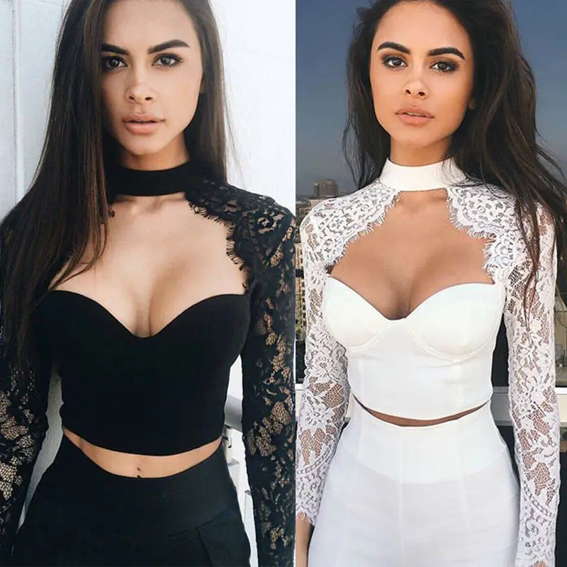 

Summer Fashion Women Sexy Cutout Long Sleeve Lace Shirt Tops Blouse Crop Tops White Black Women's Clothing