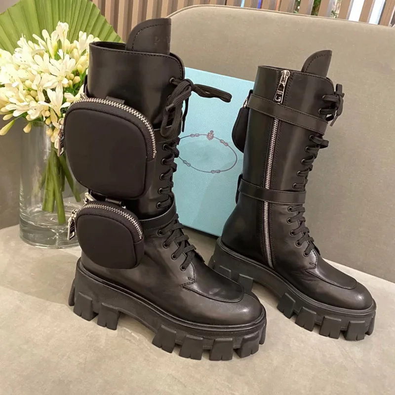 

Autumn and Winter 2020 Show Style Martin Boots Women's Leather Muffin Thick Bottom Pocket Purse Motorcycle Mid Tube Knight Boots