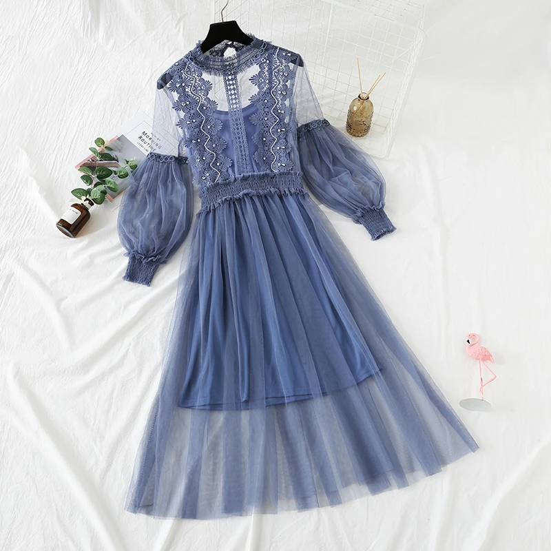 2019 осеннее женское элегантное кружевное платье с рукавами фонариками вечерние