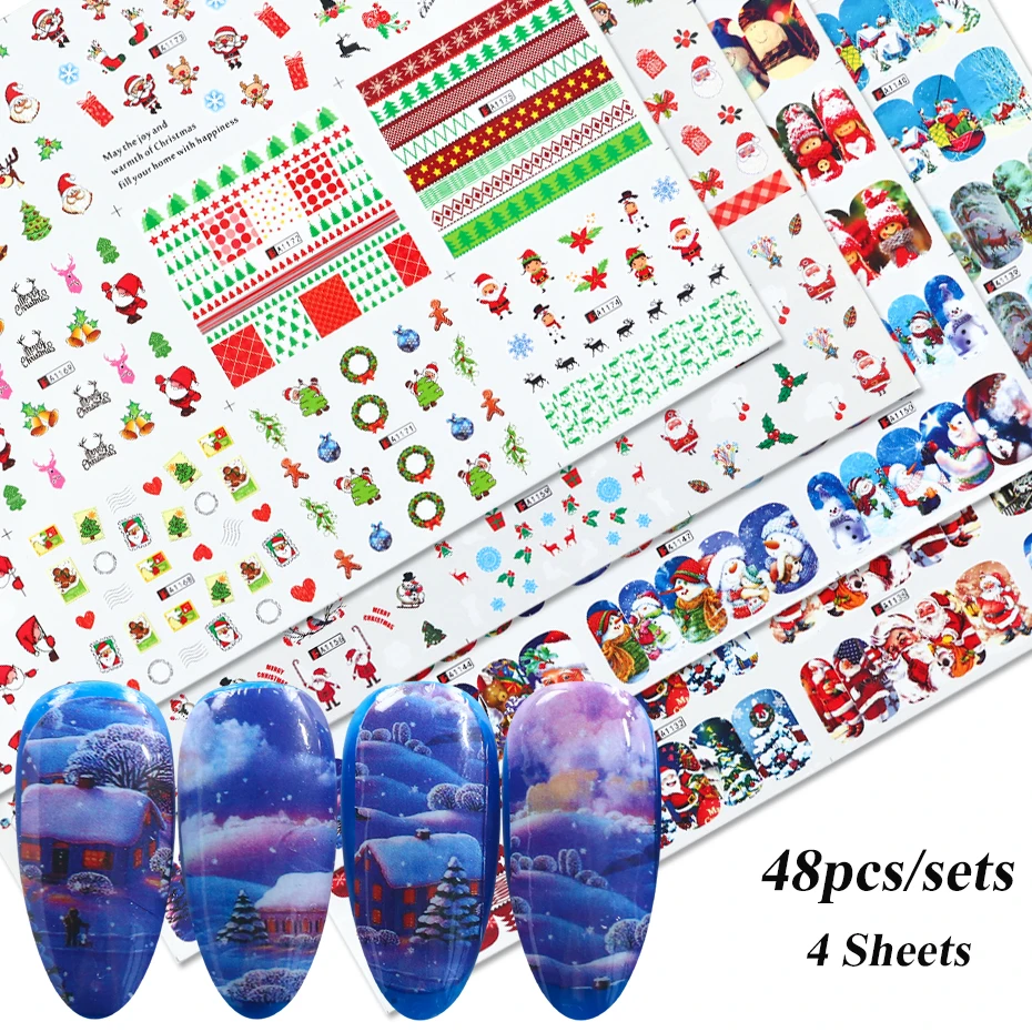 A1129-1176 48pcs 44 шт рождественские наклейки для дизайна ногтей, водная зимняя слайдер, наклейка Санта-лось, кошка, снежинка, фольги для маникюра, год, Набор для творчества, CHNJ004-1 - Цвет: A1129-1176 48pcs
