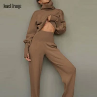 women spliced knitting turtleneck trouser 2pcs suits spring autumn casual long sleeve loose ladies loungewear outfit solid sets